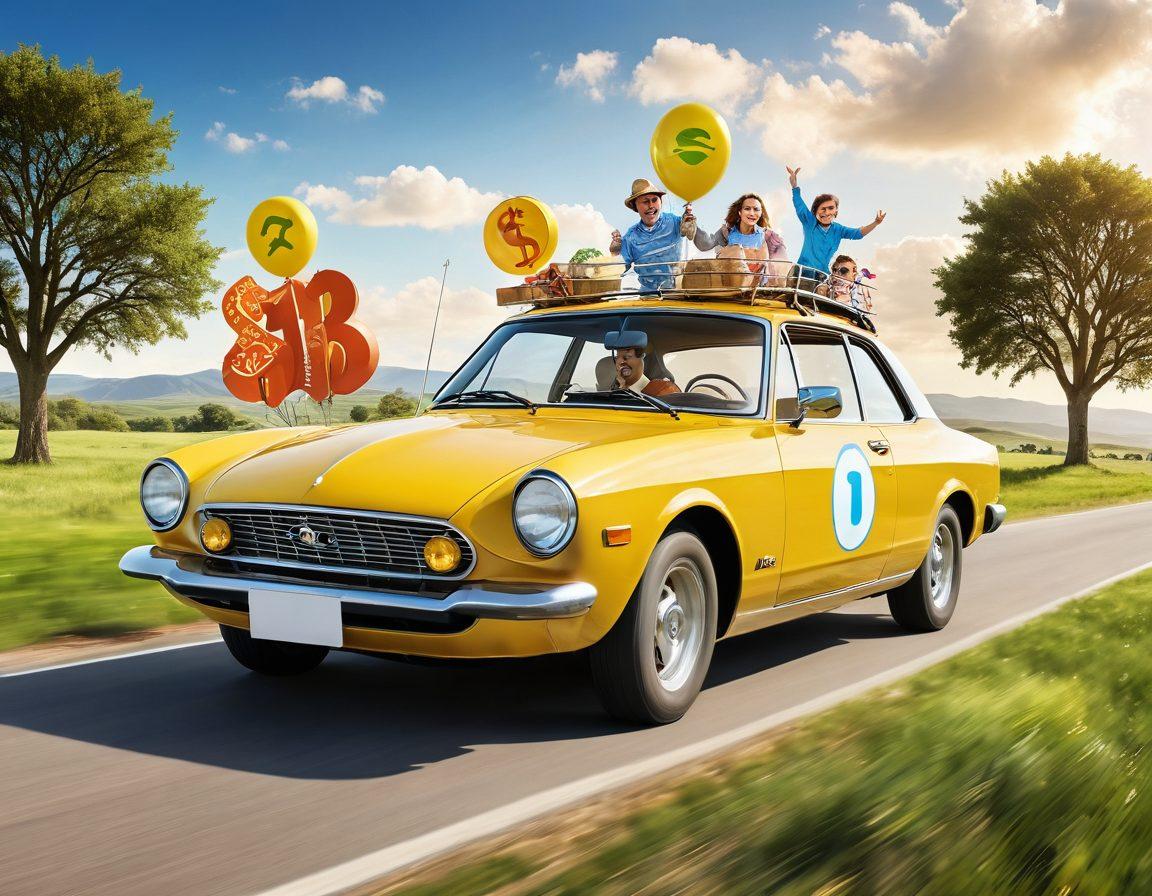 A cheerful family driving a budget-friendly car through a beautiful countryside landscape, surrounded by playful dollar signs and insurance icons floating in the air. The scene should evoke a sense of freedom and financial wisdom, with warm sunlight glowing in the sky. Super-realistic. Vibrant colors. White background.
