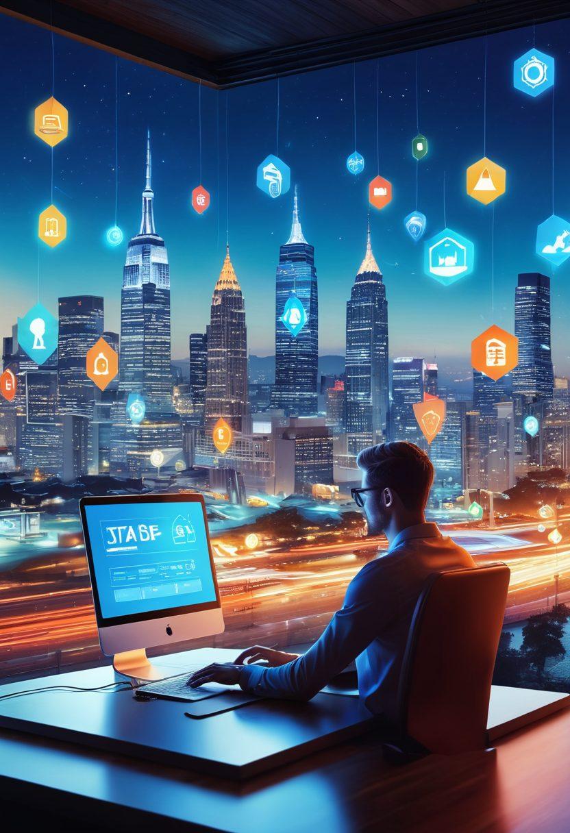 A visually striking scene of a person sitting at a laptop, surrounded by floating digital icons representing car insurance, rates, and savings. The background showcases a vibrant city skyline, symbolizing modern technology and connectivity. A bright lightbulb hovers above the laptop, symbolizing ideas and insights. The overall feel is one of excitement and discovery, capturing the essence of finding the best deals online. super-realistic. vibrant colors. modern style.