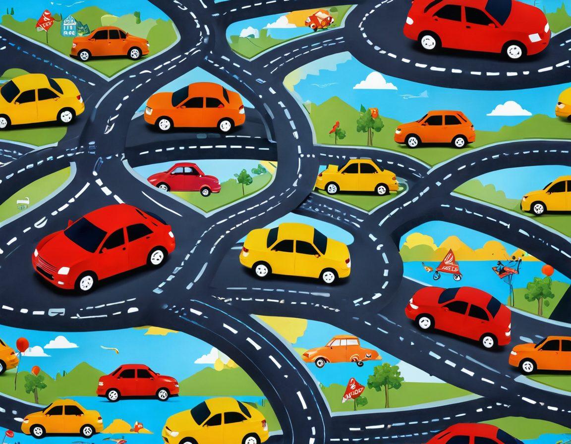 An intricate road map with various cars representing different insurance coverage options and discounts, colorful price tags floating beside each car, highlighting affordability. Incorporate a cheerful family happily driving, surrounded by symbols of savings like coins and percentage signs. The background should feature a sunny landscape with a clear blue sky. super-realistic. vibrant colors. 3D.